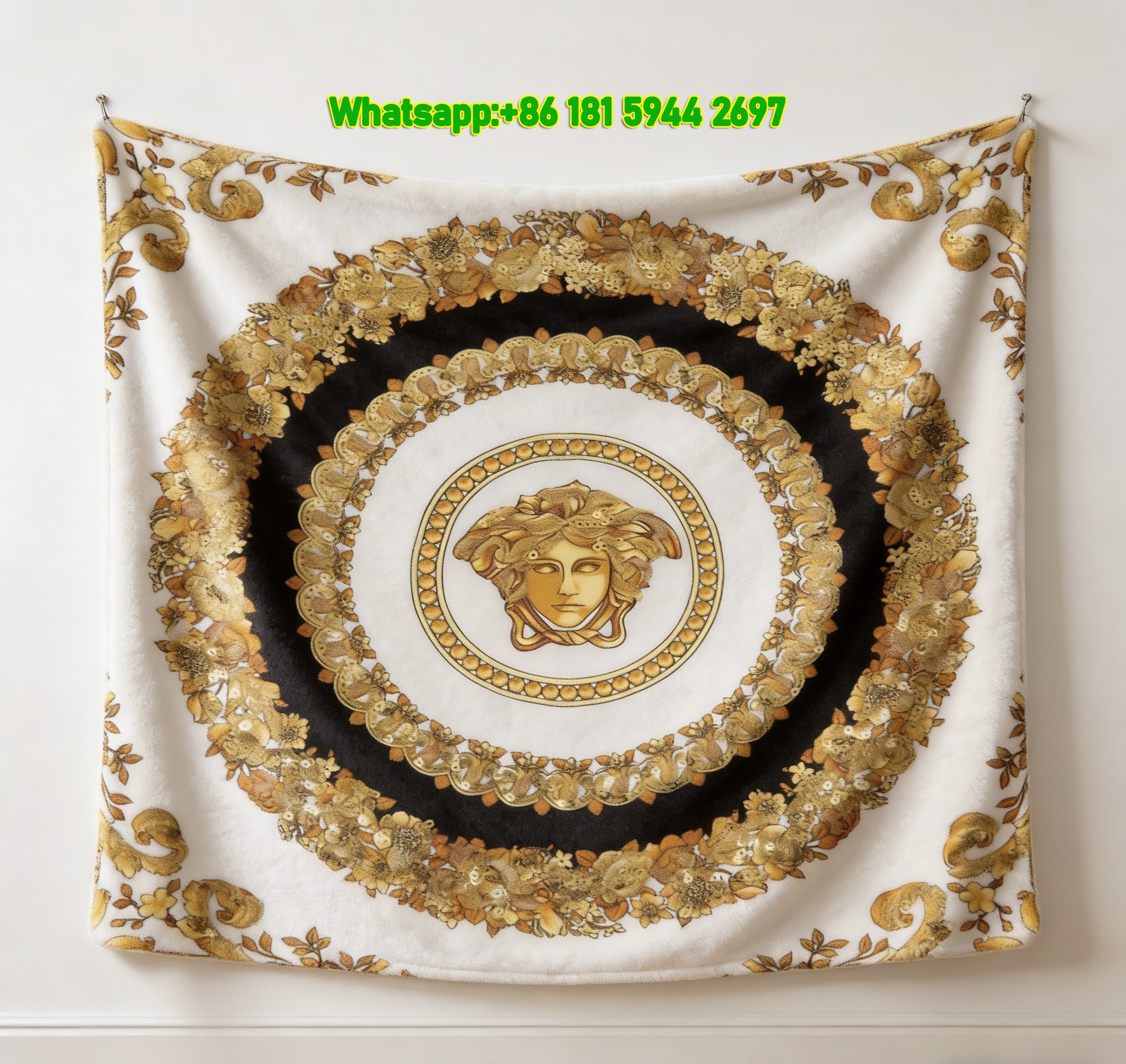 Versace White Gold Black Medusa Head Floral Print Flannel Sofa Throw Blanket IMG_1330